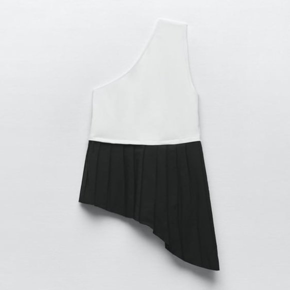 BNWT ZARA TOP WITH CONTRASTING HEM BLACK AND WHITE ASYMMETRIC NECKLINE SMALL - Picture 7 of 8
